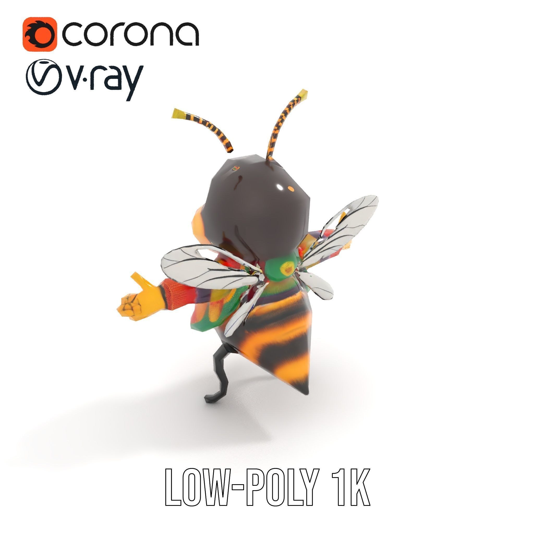 Colorful Bee Character Rigged and Animated Model Low-poly 3D model_20