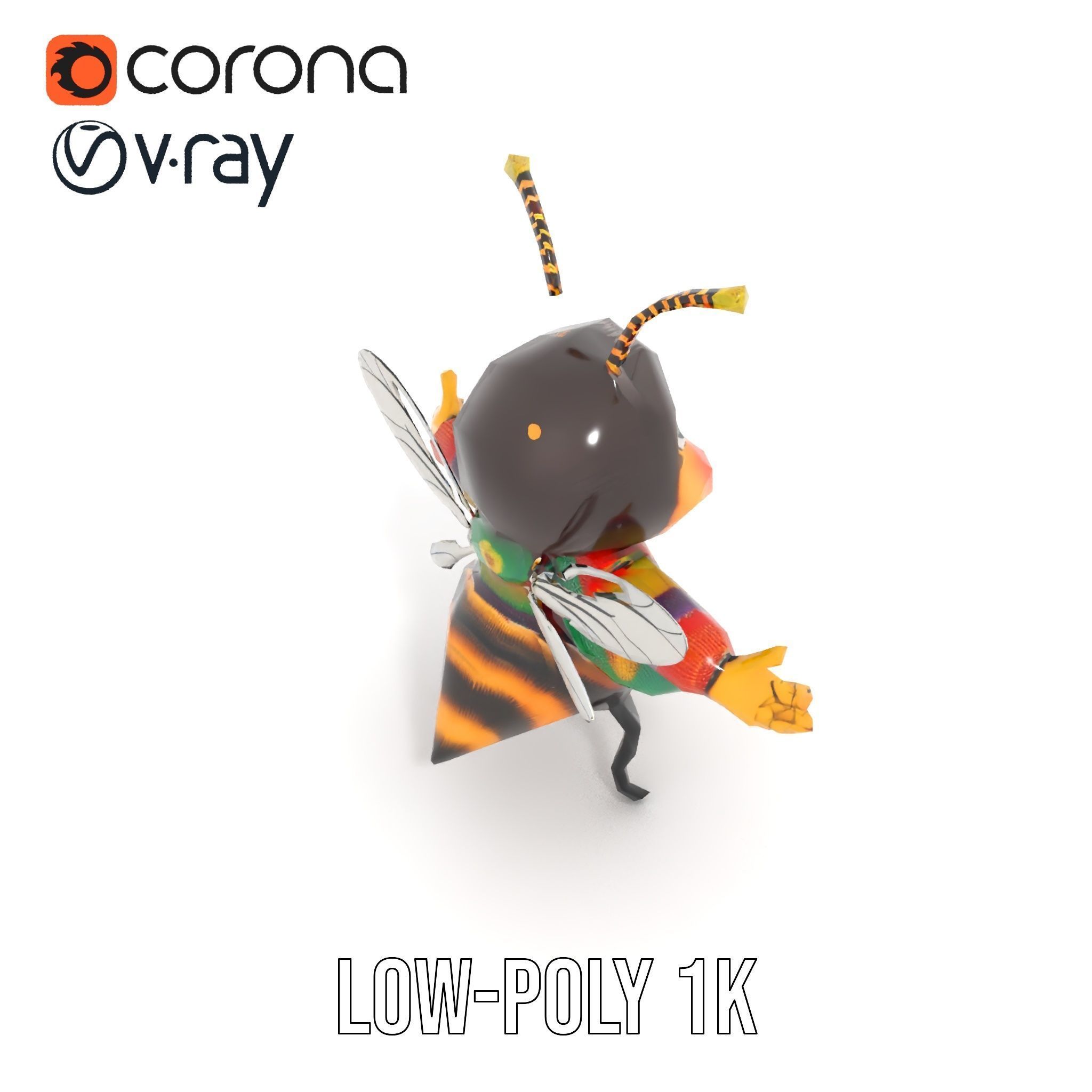 Colorful Bee Character Rigged and Animated Model Low-poly 3D model_14