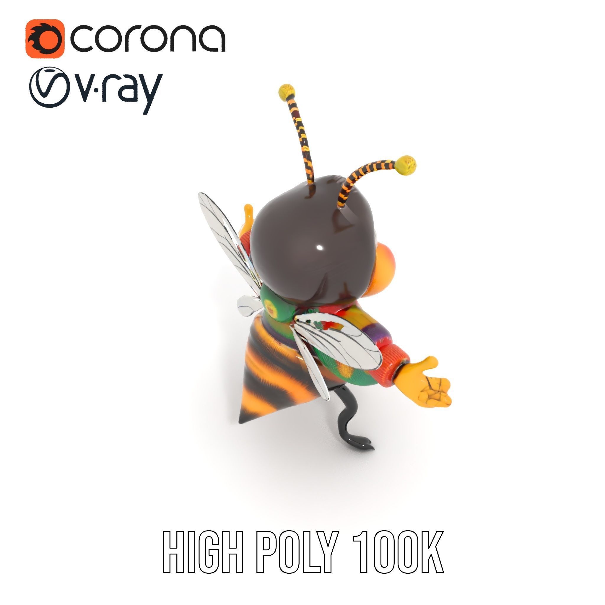 Colorful Bee Character Rigged and Animated Model Low-poly 3D model_18
