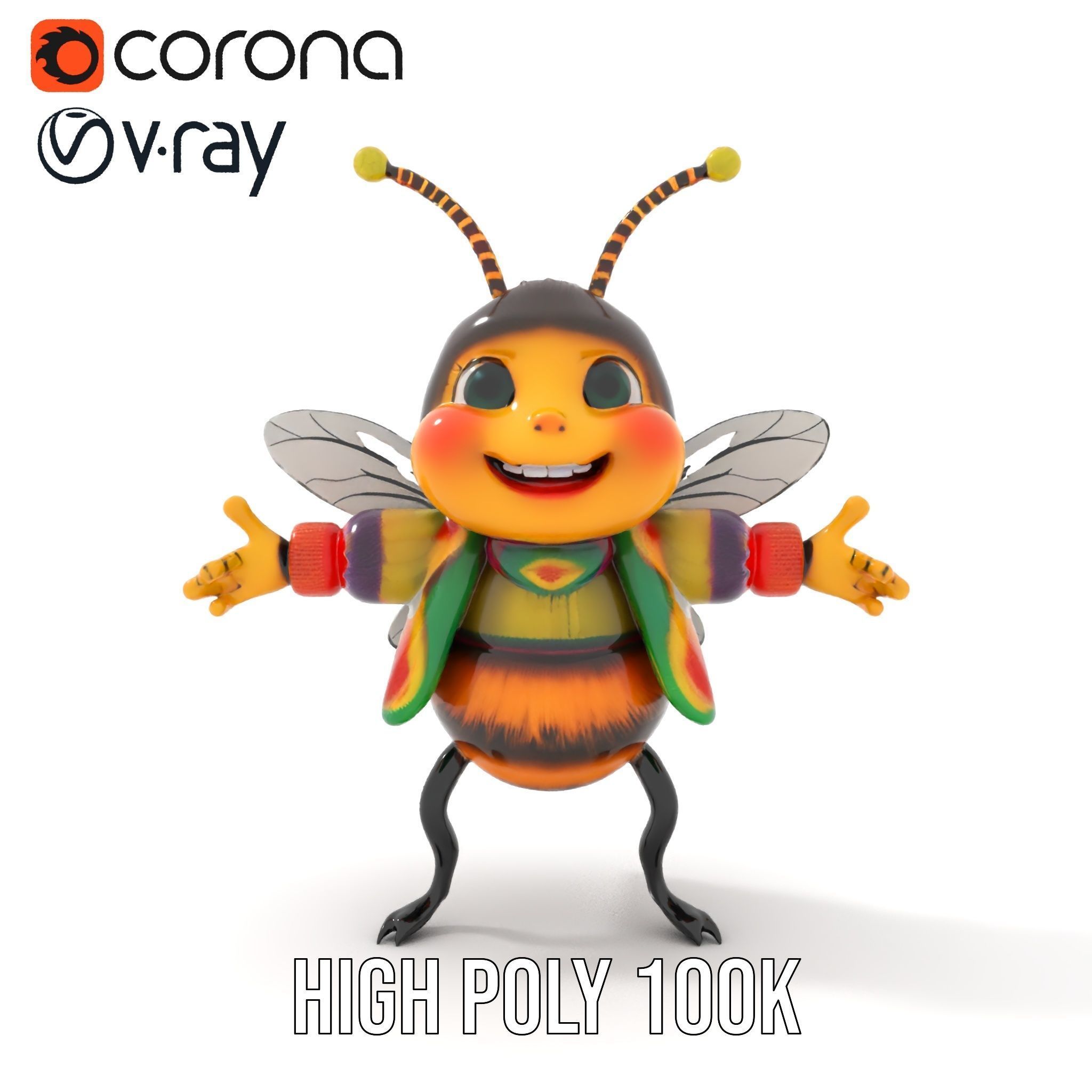Colorful Bee Character Rigged and Animated Model Low-poly 3D model_21