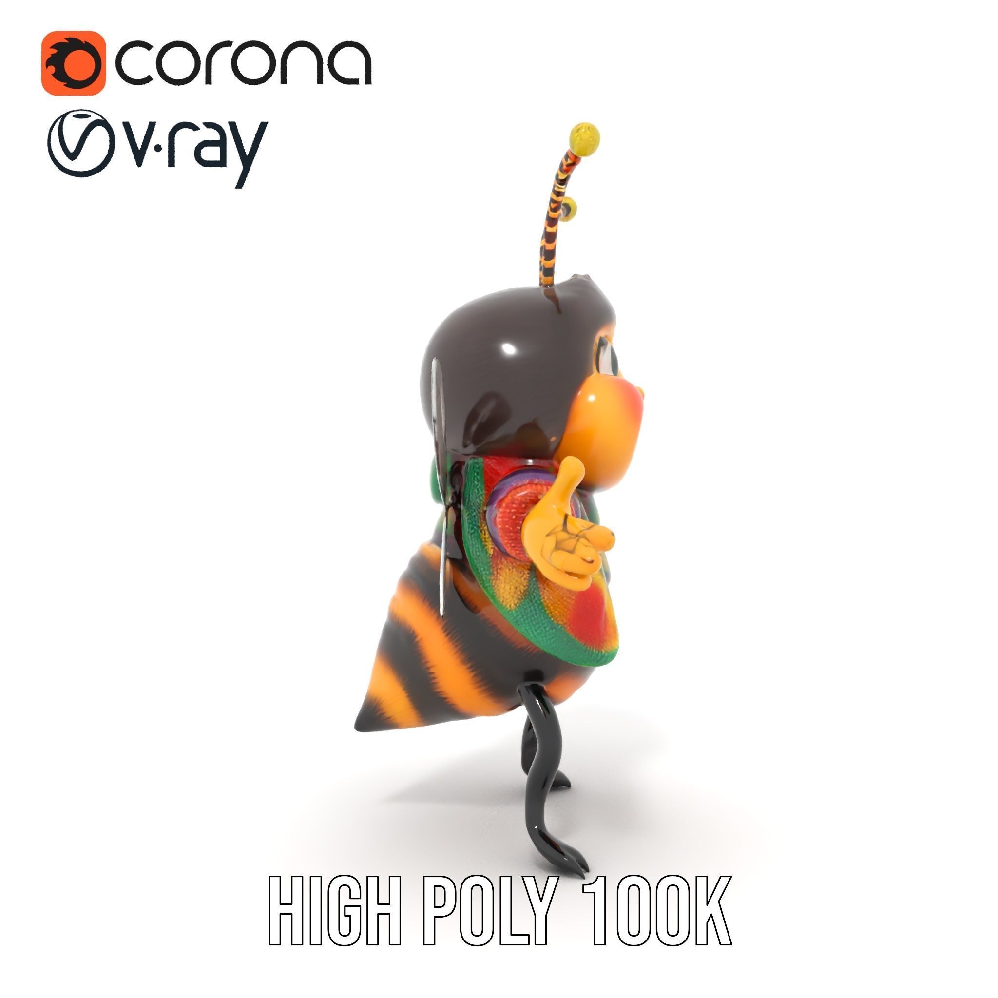 Colorful Bee Character Rigged and Animated Model Low-poly 3D model_34