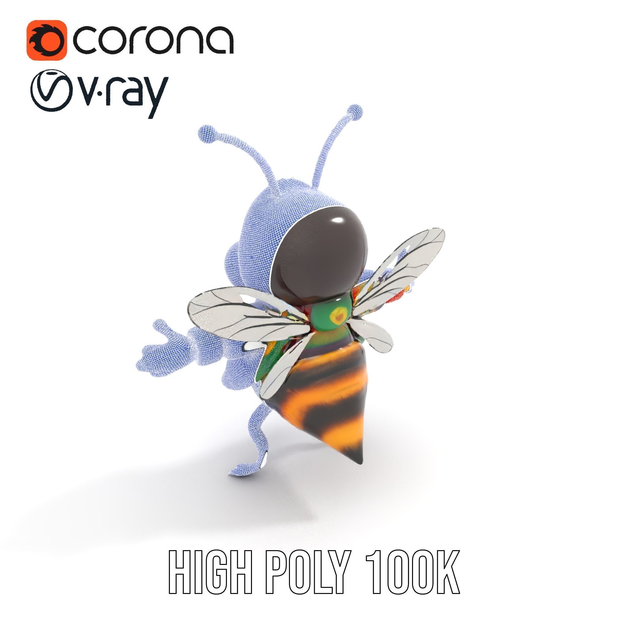 Colorful Bee Character Rigged and Animated Model Low-poly 3D model_15