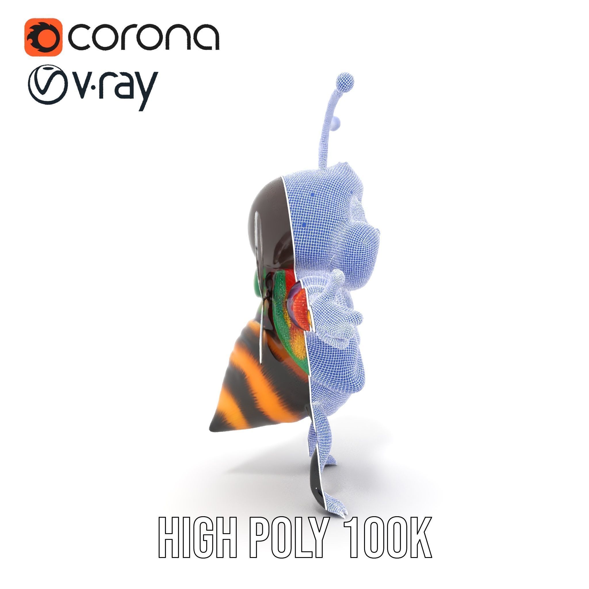 Colorful Bee Character Rigged and Animated Model Low-poly 3D model_29