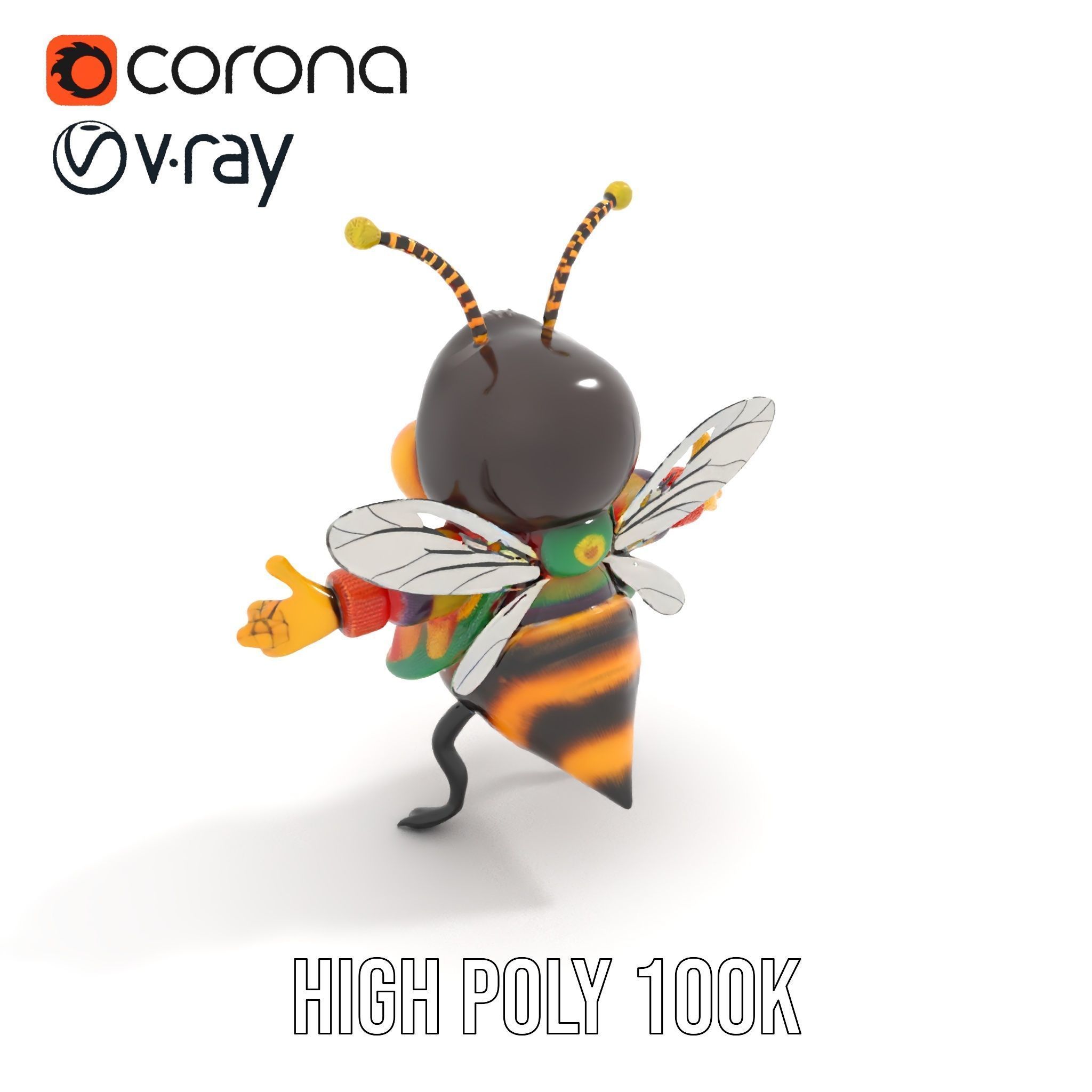 Colorful Bee Character Rigged and Animated Model Low-poly 3D model_12