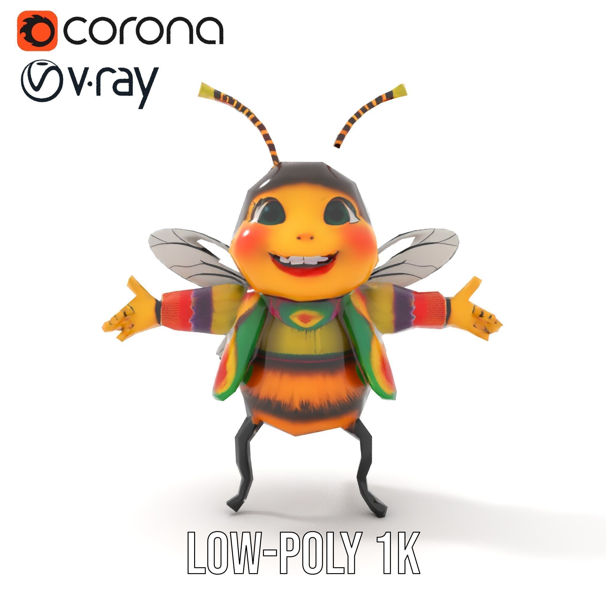 Colorful Bee Character Rigged and Animated Model Low-poly 3D model_23