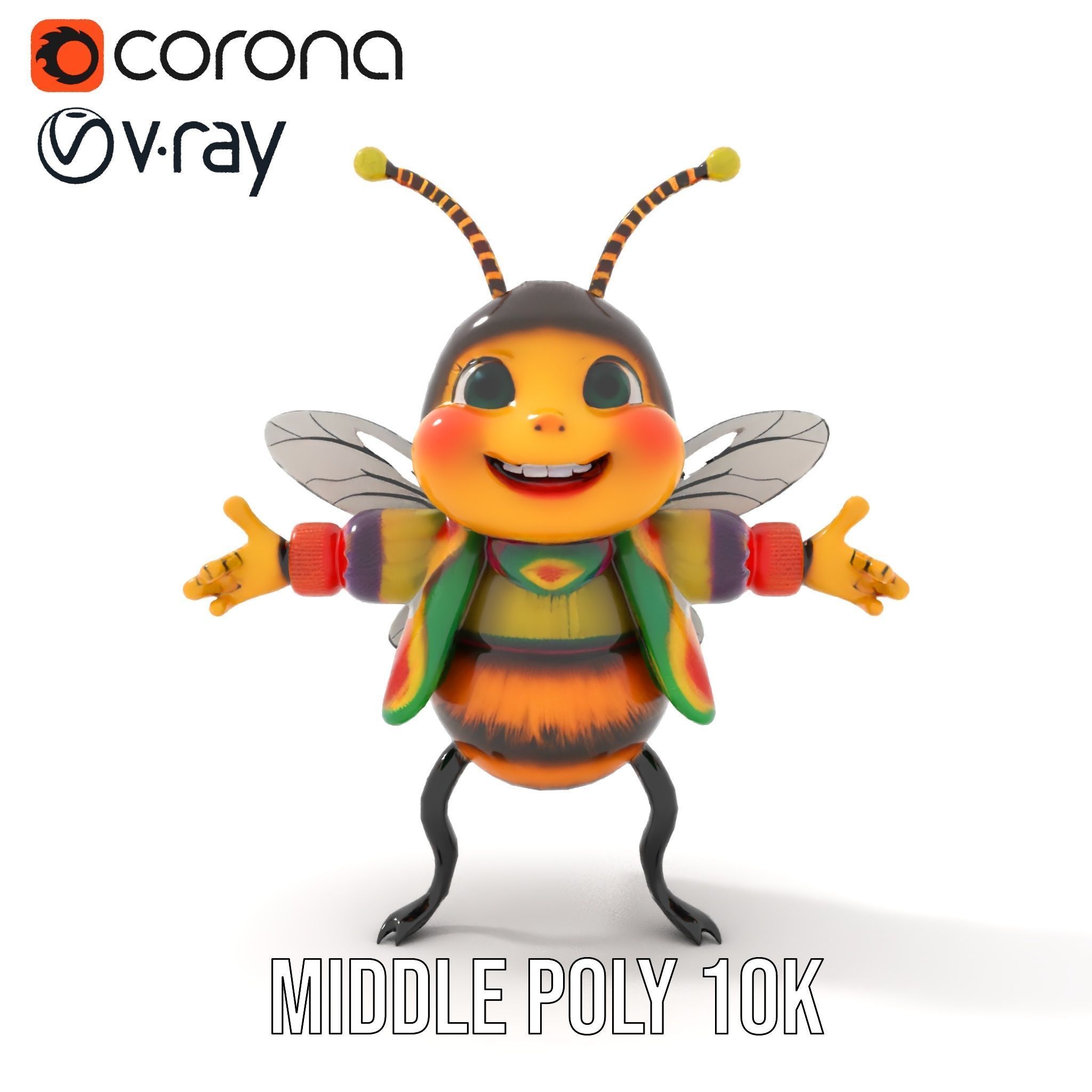 Colorful Bee Character Rigged and Animated Model Low-poly 3D model_13