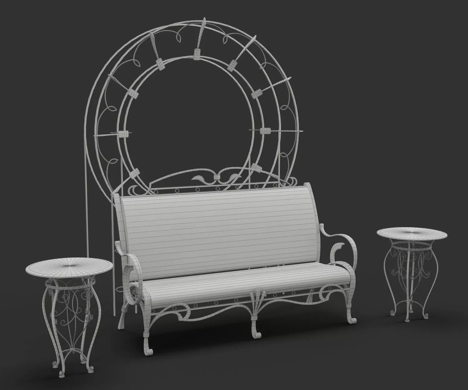 Wrought Garden Furniture - Bench Coffee Table and Pergola 3D model_1