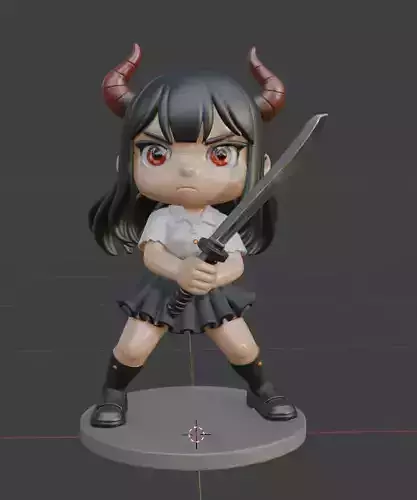 3D Figurine - Demon Girl with Sword in Chibi Anime Style 3D print model