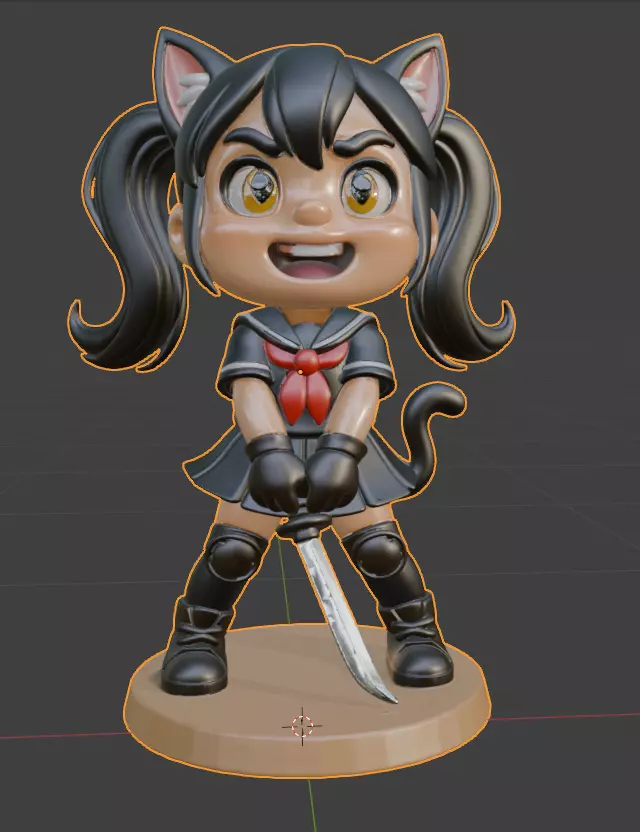 3D Figurine - Chibi Style Cat Girl with Katana - Printable Model 3D print model_0