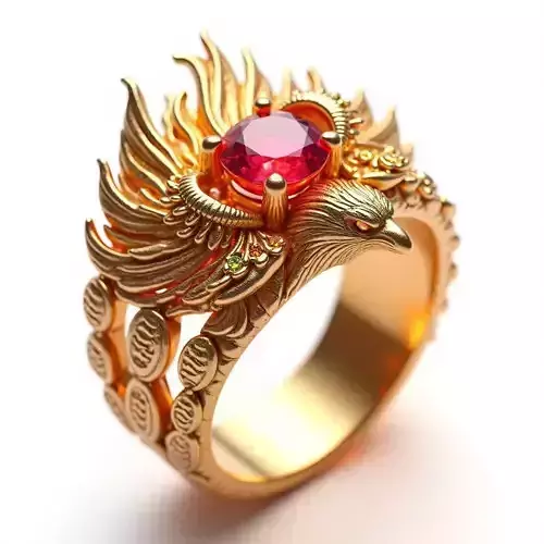 Phoenix Ring 3D Model - Ruby Gold Fantasy Jewelry Low-poly 3D model