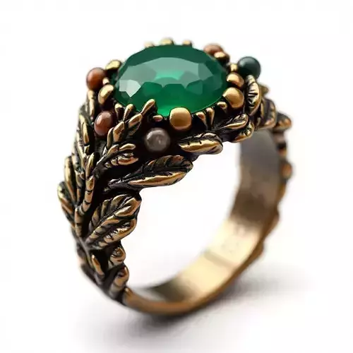 Nature Emerald Ring 3D Model - Botanical Bronze Jewelry Low-poly 3D model
