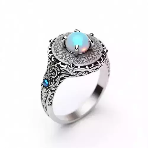 Moonstone Ring 3D Model - Ornate Mandala Silver Jewelry Low-poly 3D model