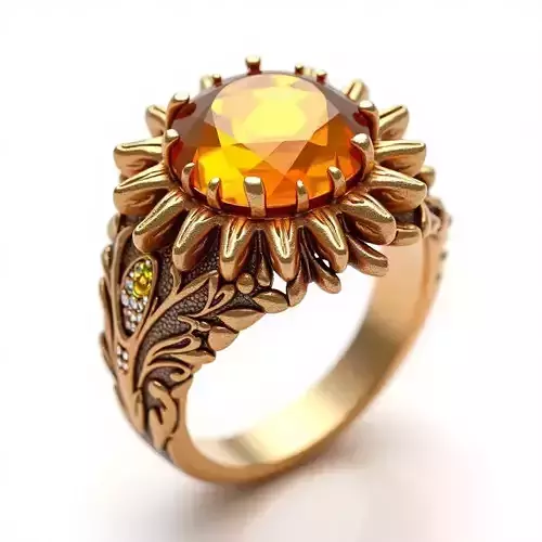 Sunflower Citrine Ring with Botanical Details - 3D Jewelry Model Low-poly 3D model