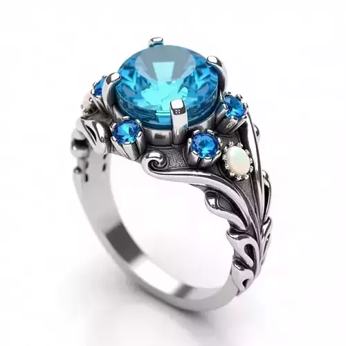 Art Nouveau Blue Topaz Ring with Opal Accents - Premium 3D Model Low-poly 3D model