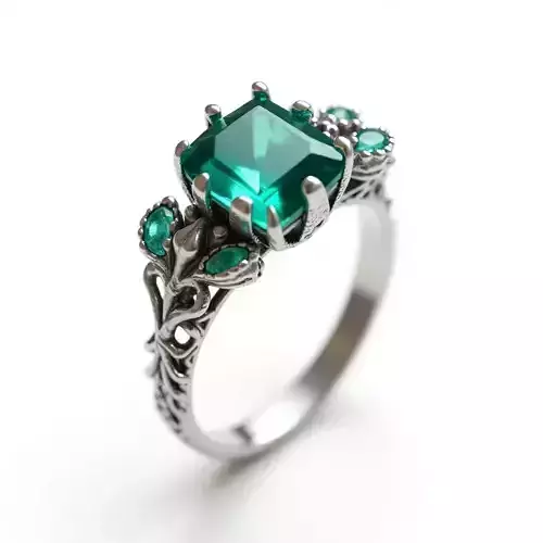 Vintage Floral Emerald Ring with Leaf Details - 3D Jewelry Model Low-poly 3D model