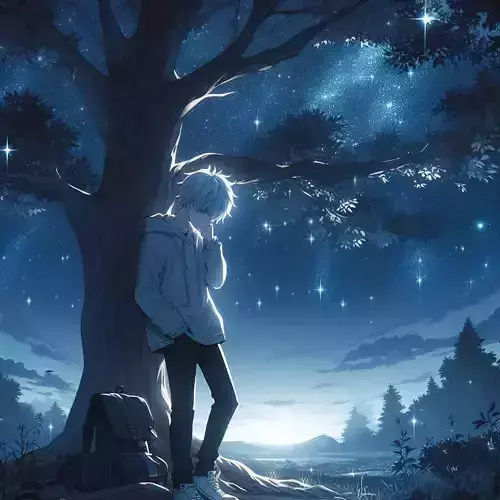 Anime standing alone at night in the moon light 