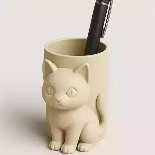 Adorable Cat Pen Holder 3D Model  Cute Animal Desk Organizer STL 3D print model