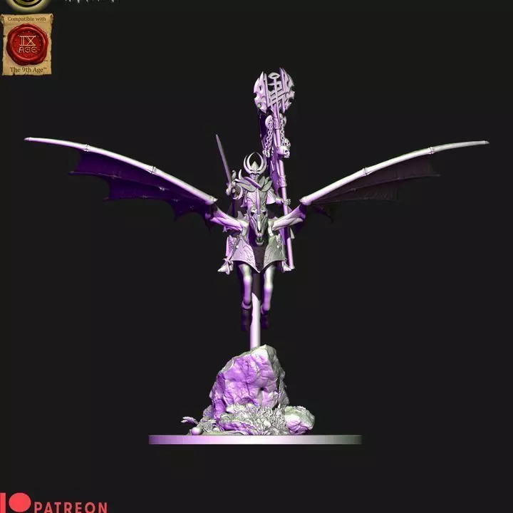 Dark elves hero with banner on Nightmare pegasus 3D print model_5