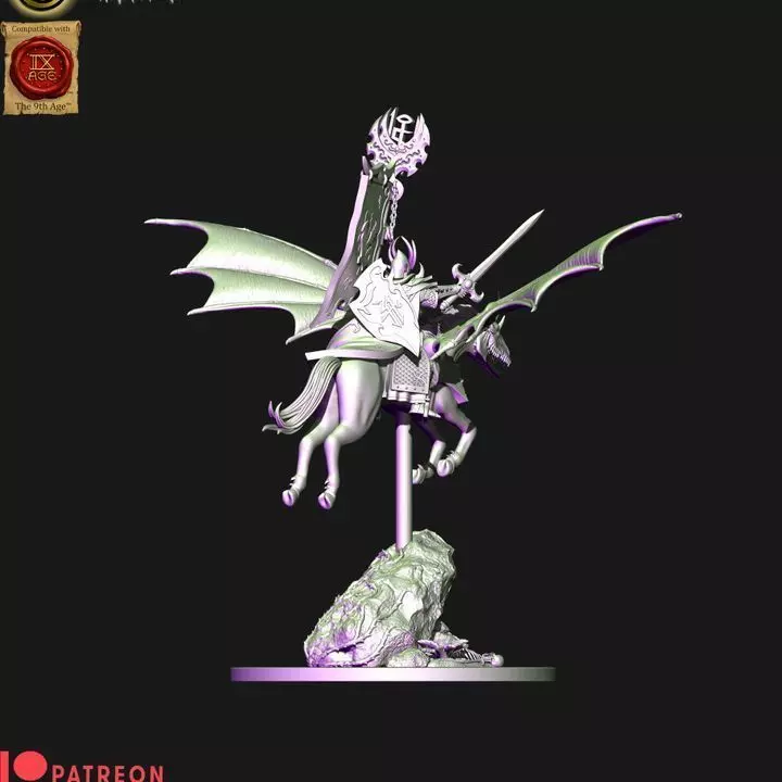 Dark elves hero with banner on Nightmare pegasus 3D print model_7