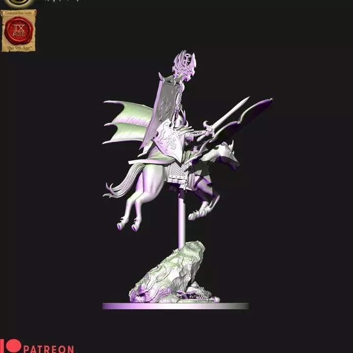 Dark elves hero with banner on Nightmare pegasus 3D print model_8