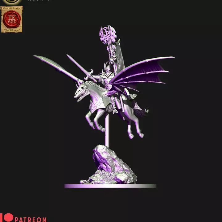 Dark elves hero with banner on Nightmare pegasus 3D print model_0