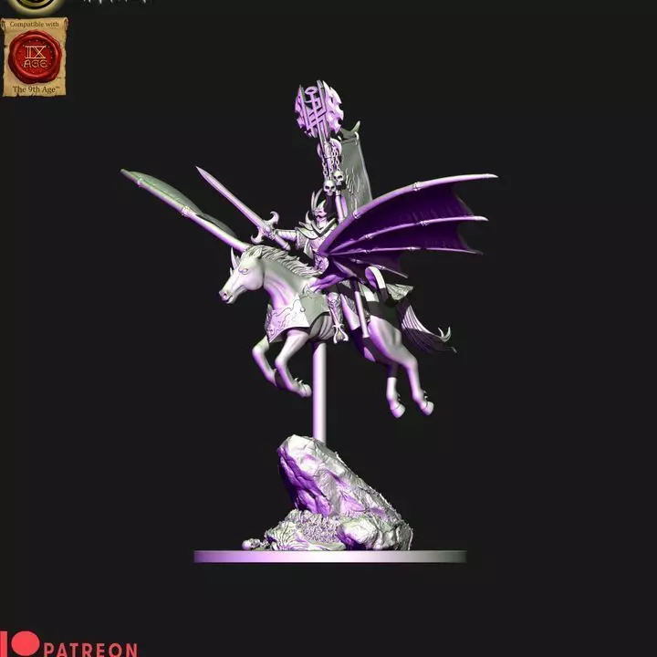 Dark elves hero with banner on Nightmare pegasus 3D print model_1