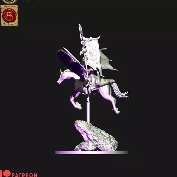 Dark elves hero with banner on Nightmare pegasus 3D print model_3