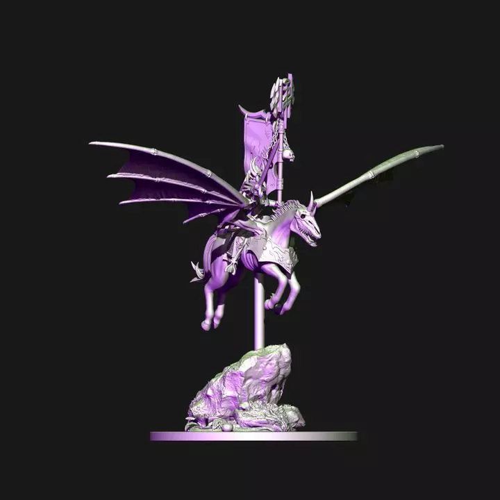 Dark elves hero with banner on Nightmare pegasus 3D print model_9