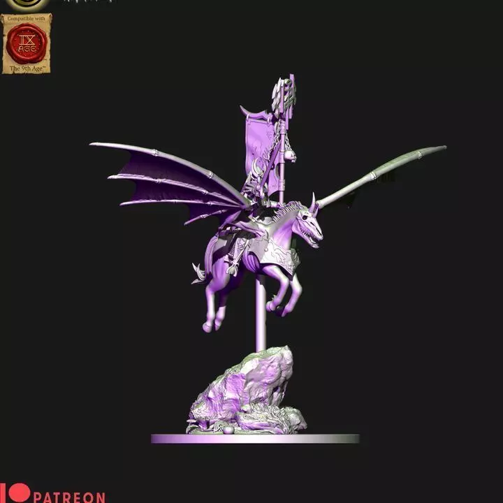 Dark elves hero with banner on Nightmare pegasus 3D print model_2