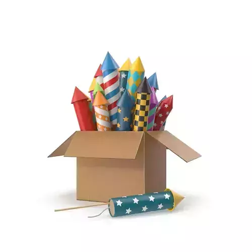 Cardboard box with multi-colored fireworks rockets 3D model