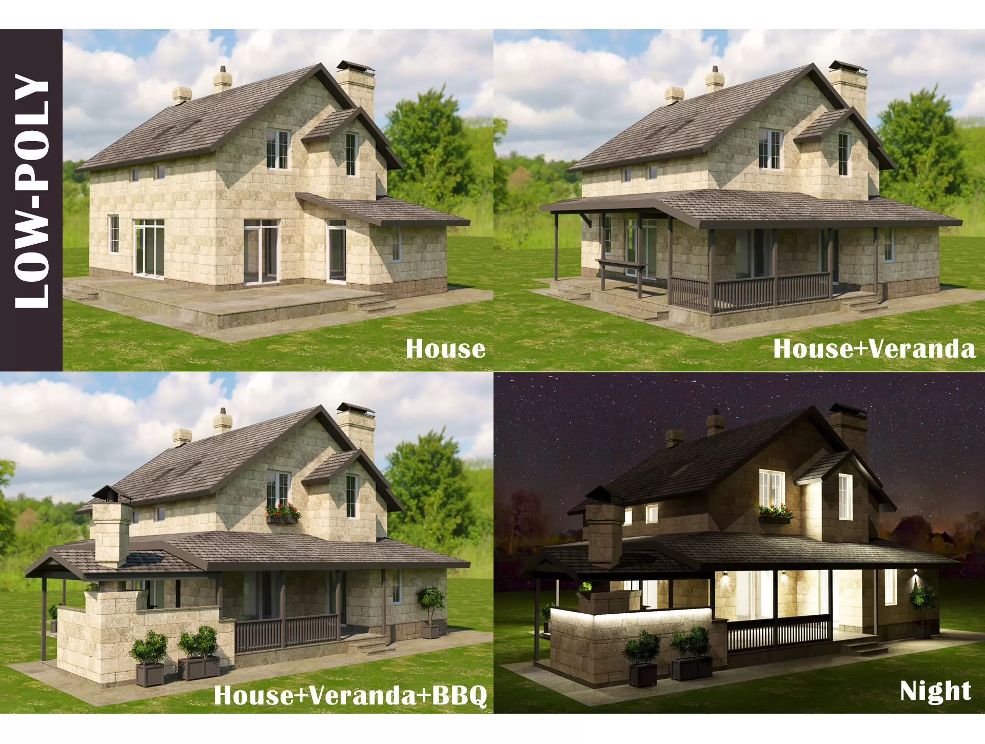 Modular Stone Country House  Veranda BBQ  Low-Poly Day Night Low-poly 3D model_0