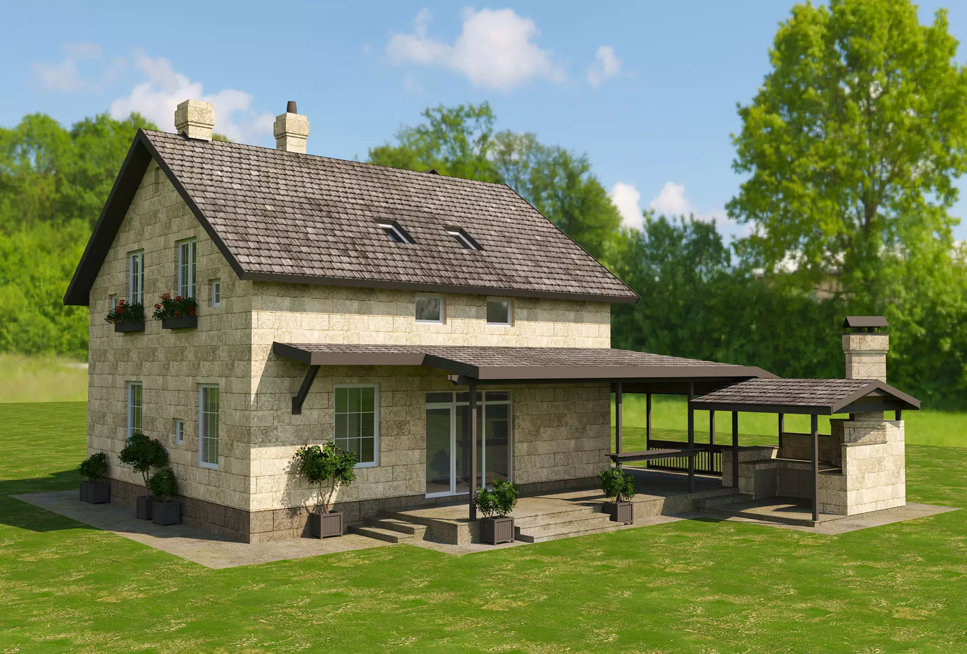 Modular Stone Country House  Veranda BBQ  Low-Poly Day Night Low-poly 3D model_5