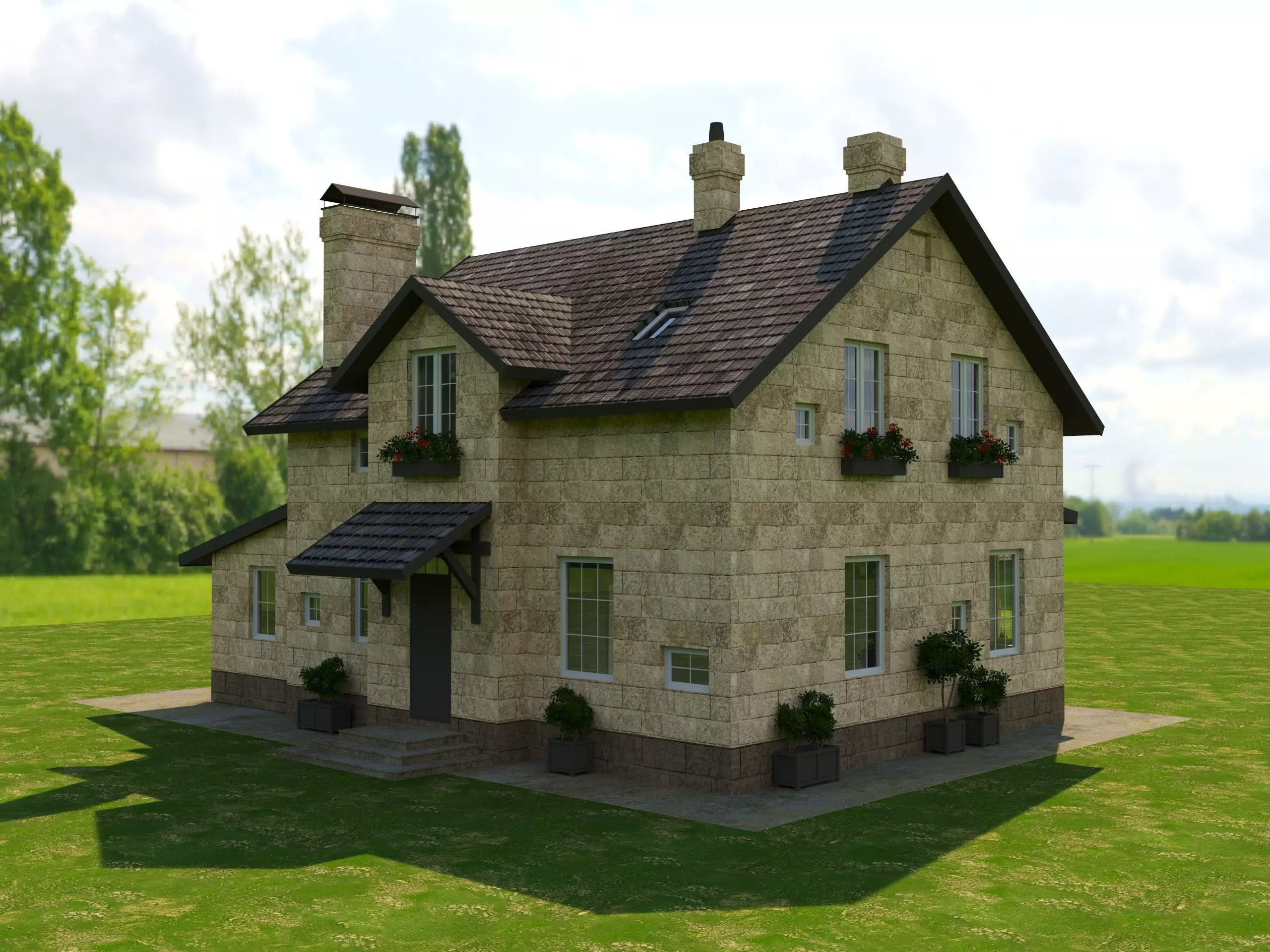 Modular Stone Country House  Veranda BBQ  Low-Poly Day Night Low-poly 3D model_4