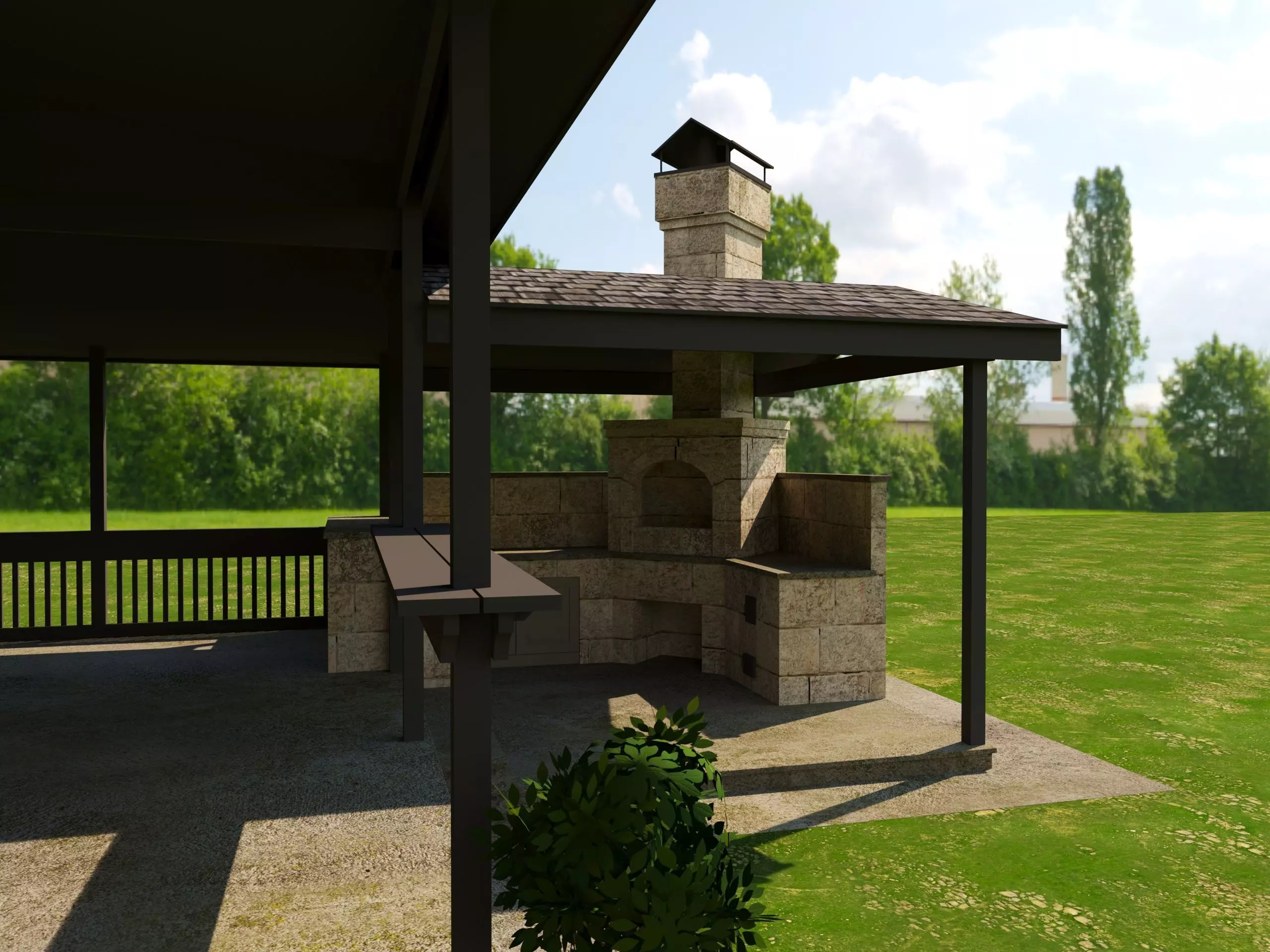 Modular Stone Country House  Veranda BBQ  Low-Poly Day Night Low-poly 3D model_7