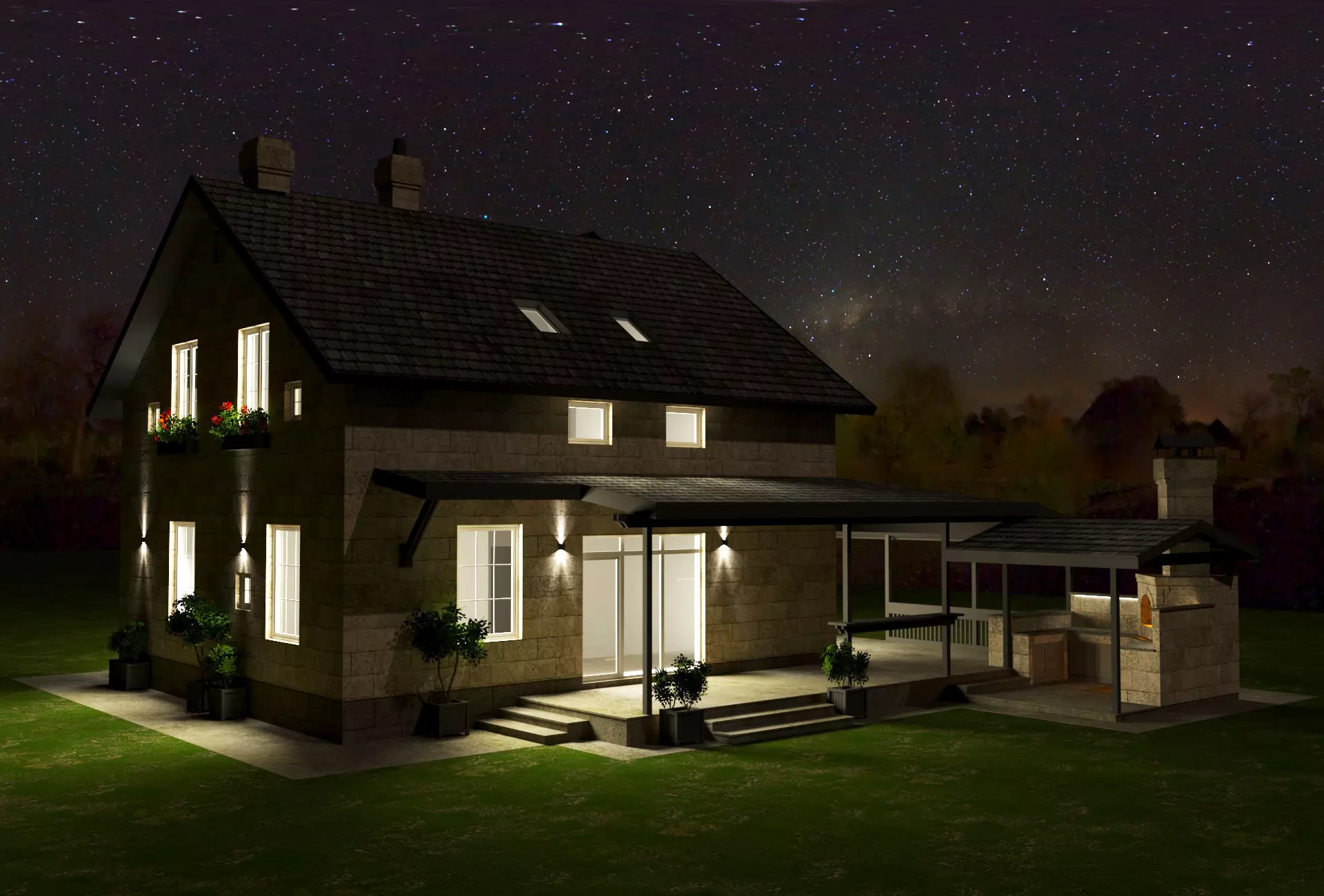 Modular Stone Country House  Veranda BBQ  Low-Poly Day Night Low-poly 3D model_10