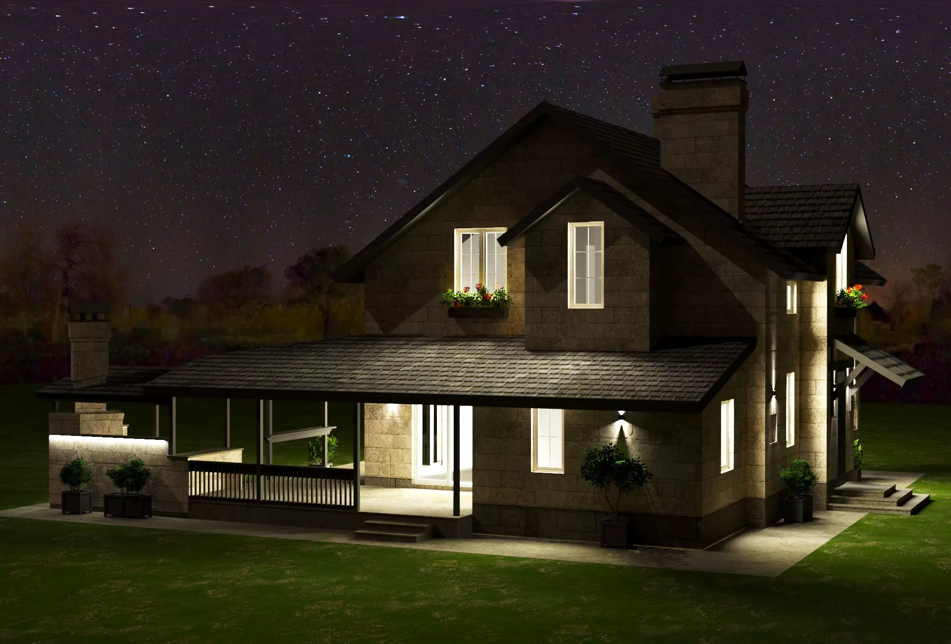 Modular Stone Country House  Veranda BBQ  Low-Poly Day Night Low-poly 3D model_8