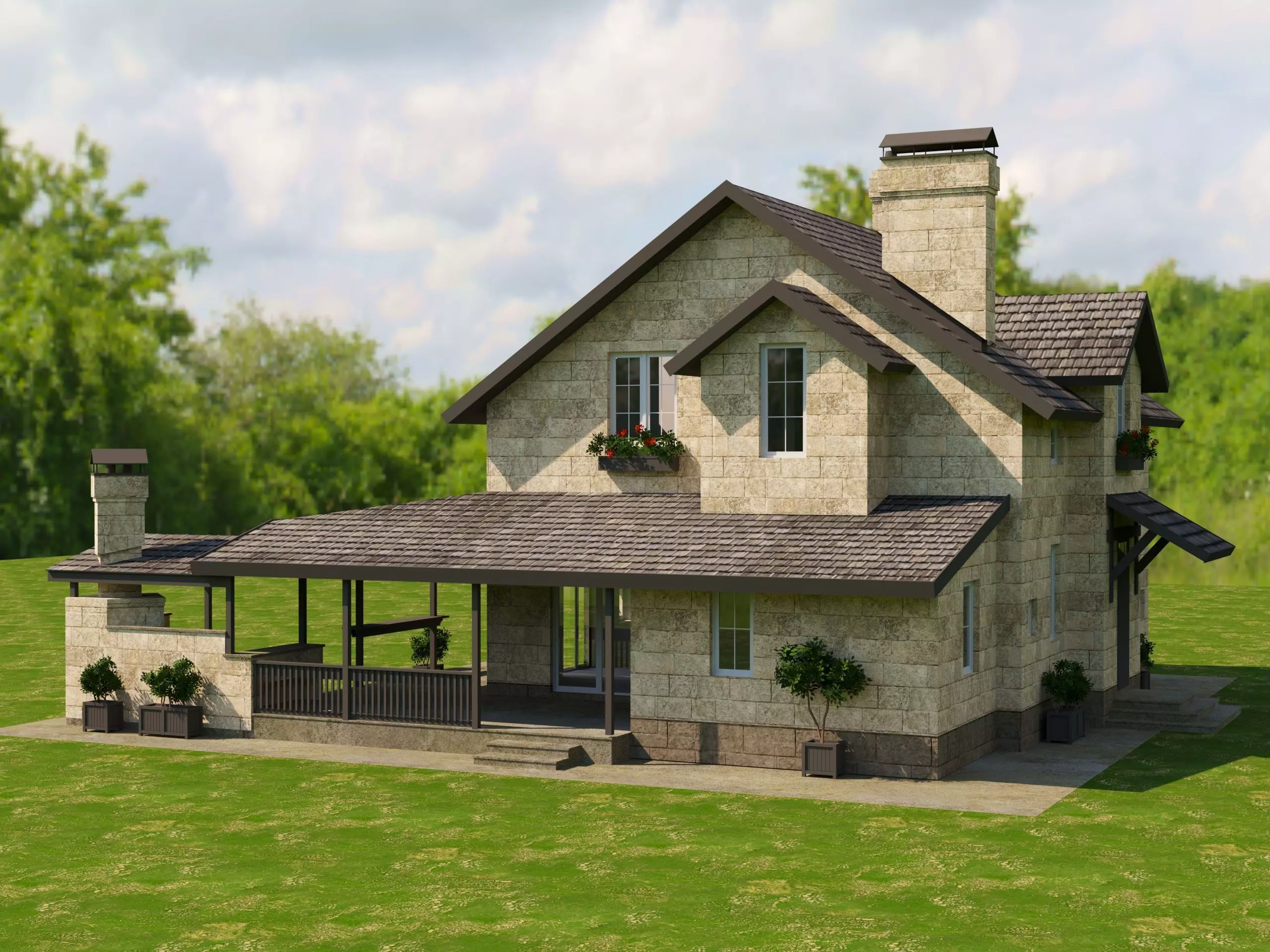 Modular Stone Country House  Veranda BBQ  Low-Poly Day Night Low-poly 3D model_3