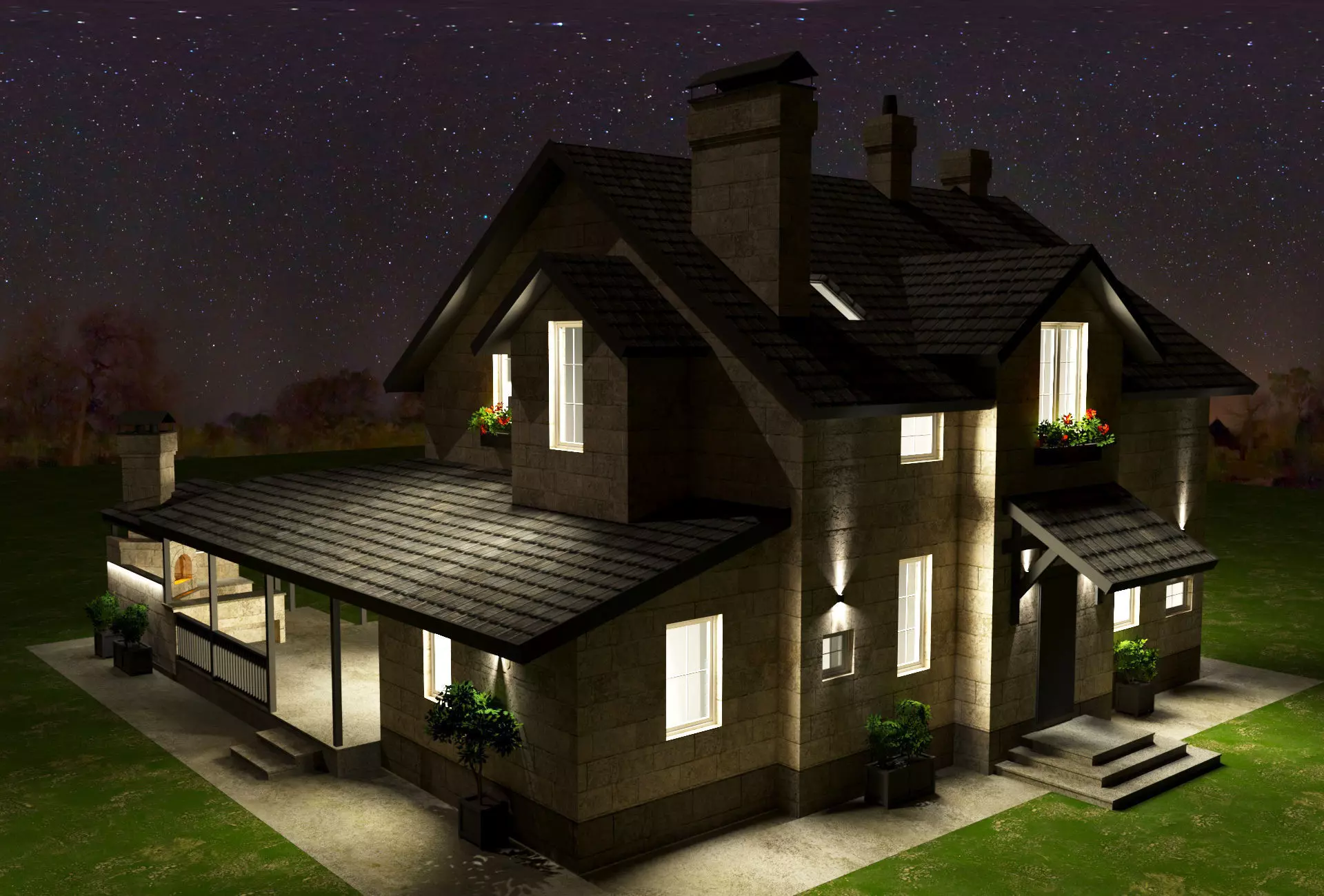 Modular Stone Country House  Veranda BBQ  Low-Poly Day Night Low-poly 3D model_9