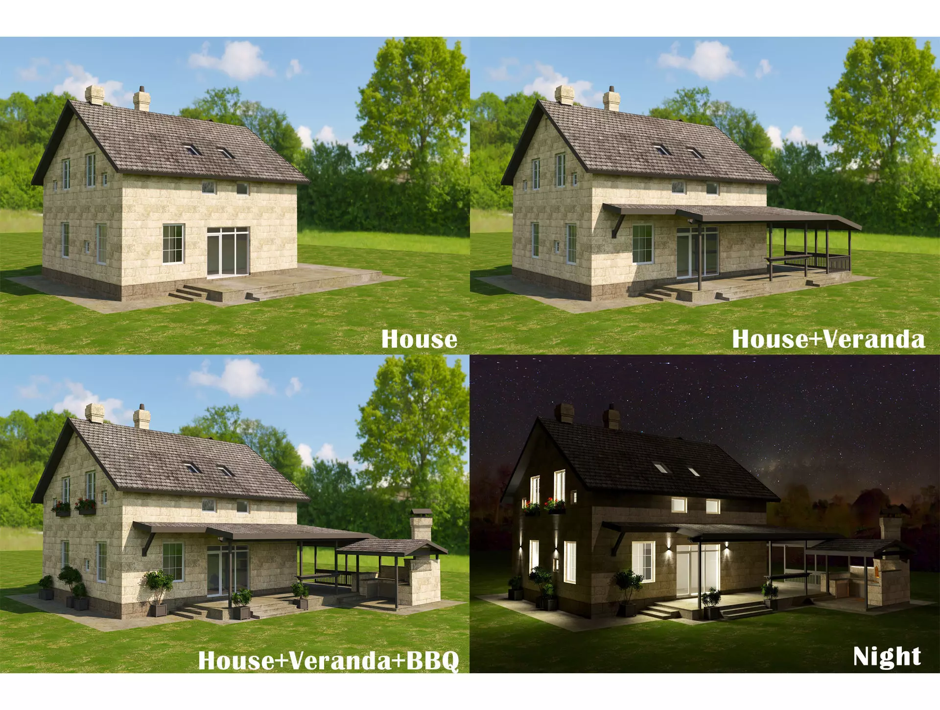 Modular Stone Country House  Veranda BBQ  Low-Poly Day Night Low-poly 3D model_1