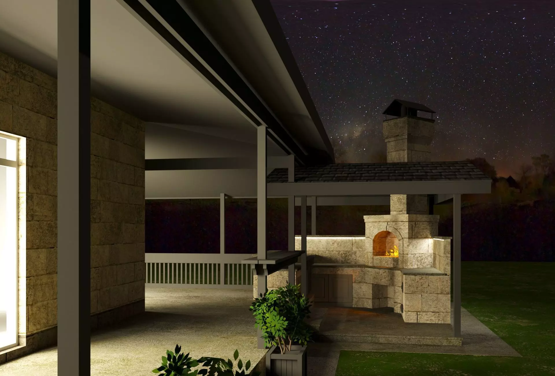 Modular Stone Country House  Veranda BBQ  Low-Poly Day Night Low-poly 3D model_12