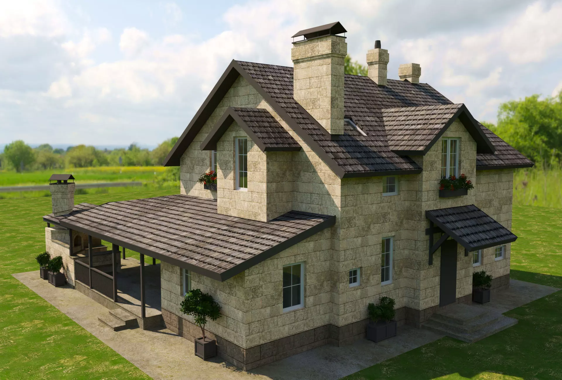 Modular Stone Country House  Veranda BBQ  Low-Poly Day Night Low-poly 3D model_2