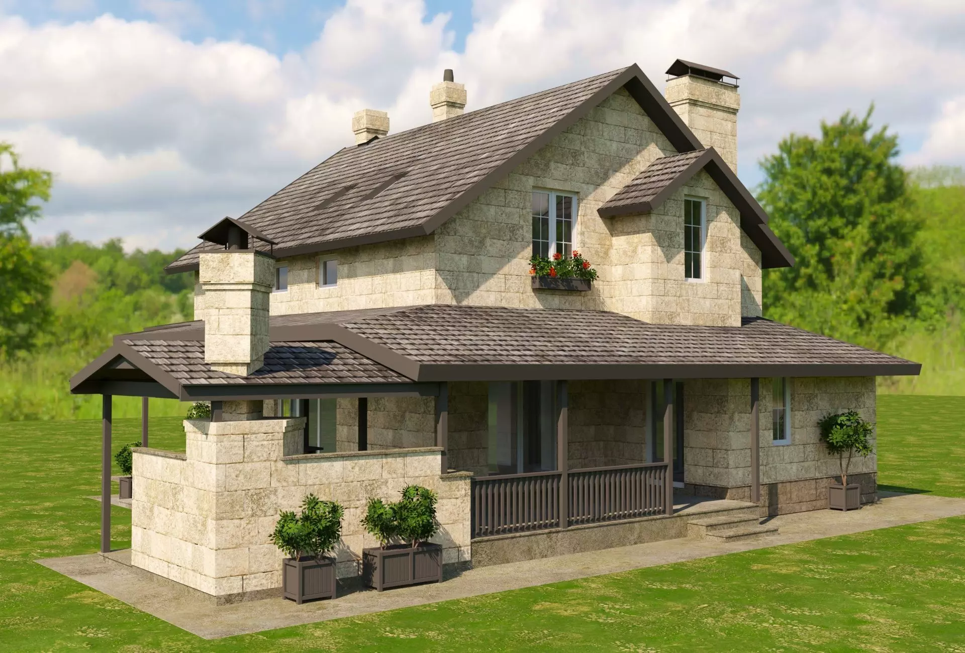 Modular Stone Country House  Veranda BBQ  Low-Poly Day Night Low-poly 3D model_6