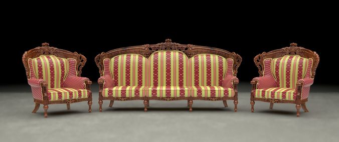 Ethnic Carved Wood Sofa and Armchair Low-poly 3D model
