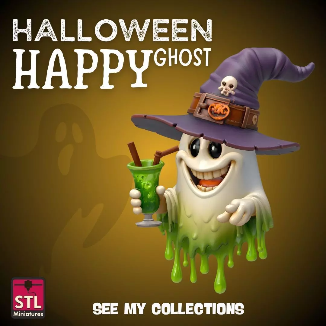 Happy Ghost with Witch Hat STL Halloween Cartoon Spirit 3D print model_0