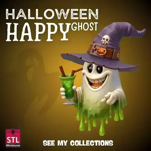 Happy Ghost with Witch Hat STL Halloween Cartoon Spirit 3D print model