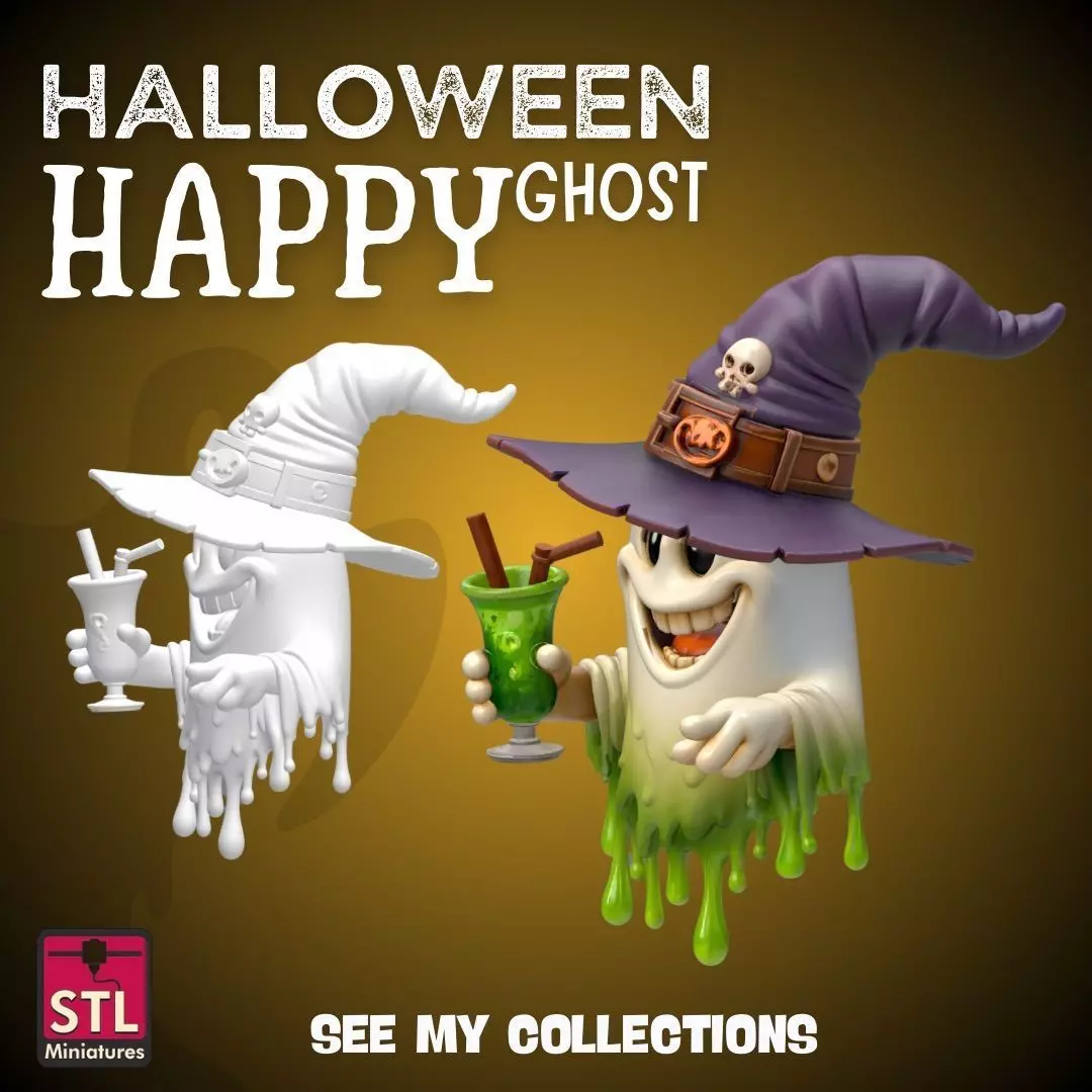 Happy Ghost with Witch Hat STL Halloween Cartoon Spirit 3D print model_2