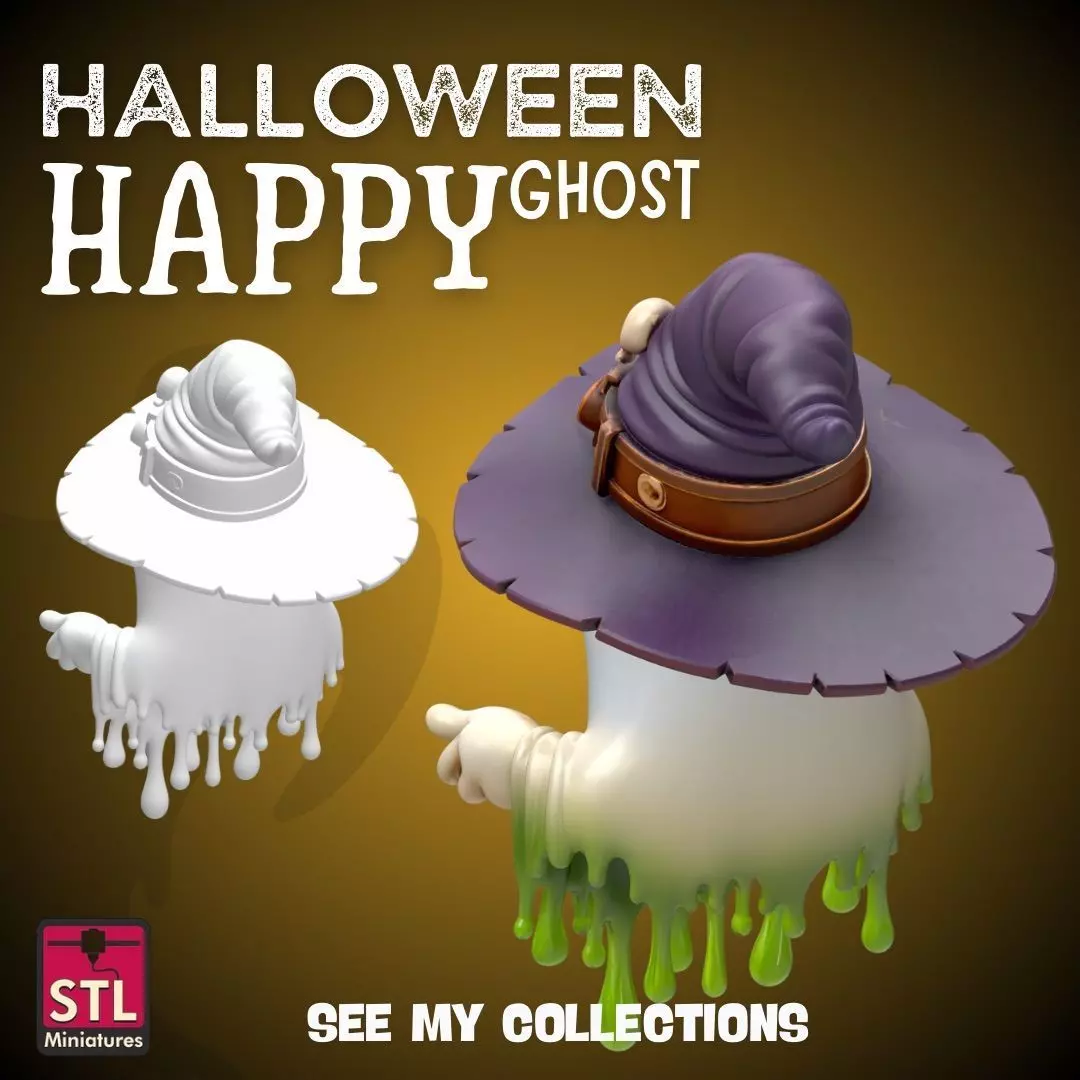Happy Ghost with Witch Hat STL Halloween Cartoon Spirit 3D print model_3