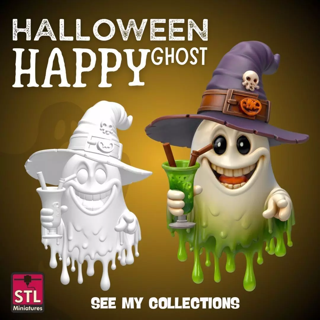 Happy Ghost with Witch Hat STL Halloween Cartoon Spirit 3D print model_1