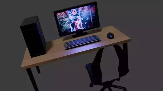 stylized low poly office desk setup