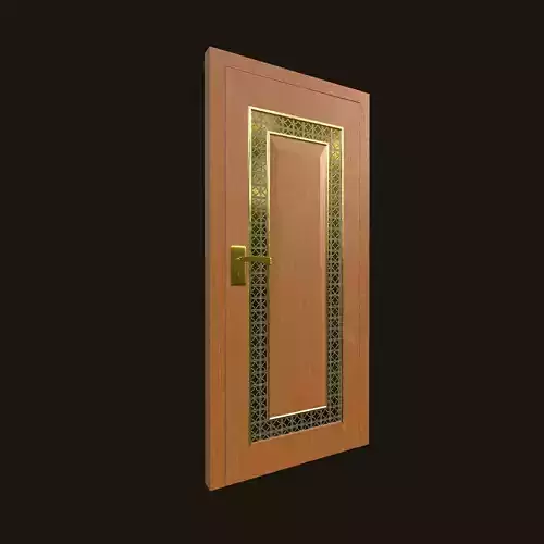 Ornamental Wooden Door with Golden Frame and Patterned Glass